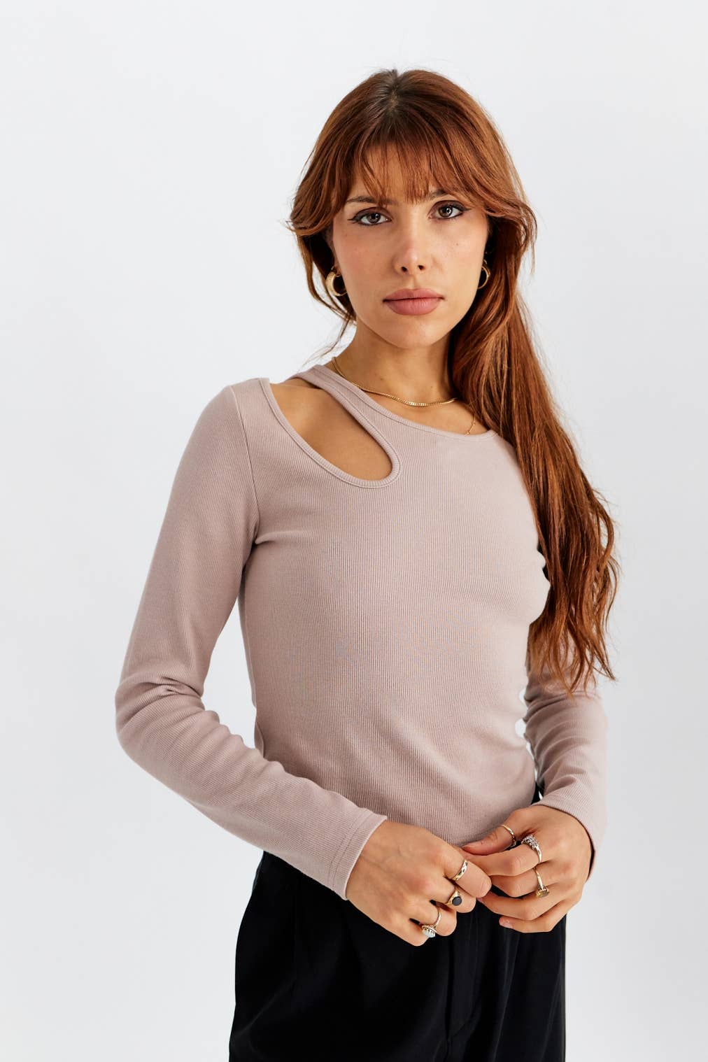 All Row Demi Top | Cut Out Shoulder Long Sleeve Top