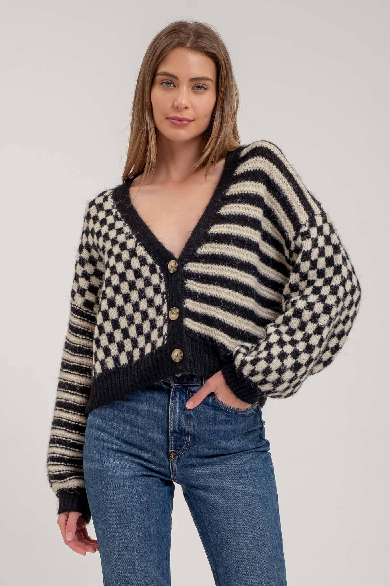 Blu Pepper Stripe and Checkered Drop Shoulder Knit Cardigan