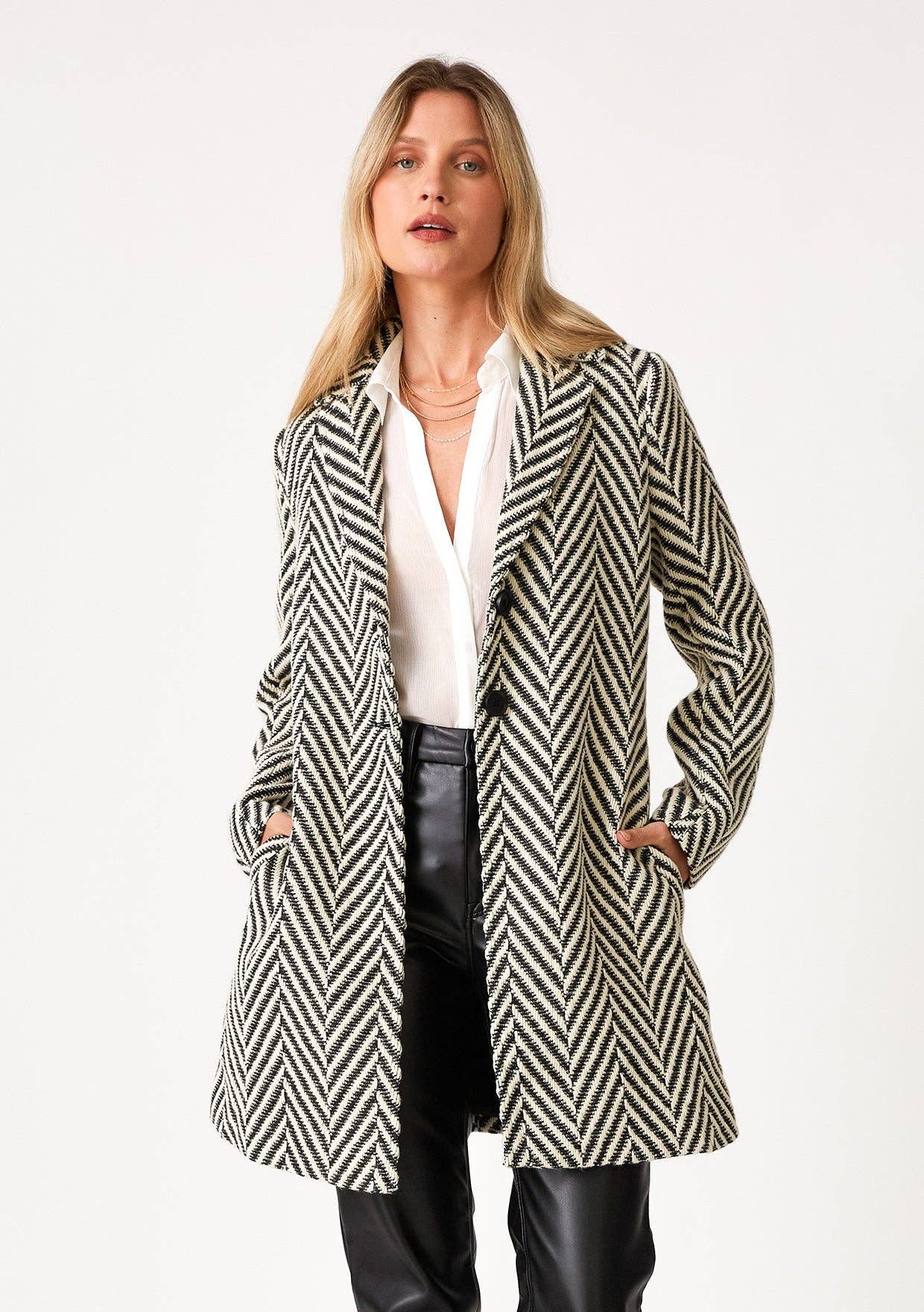 Lovestitch Notched Lapel Chevron Long Sleeve Coat