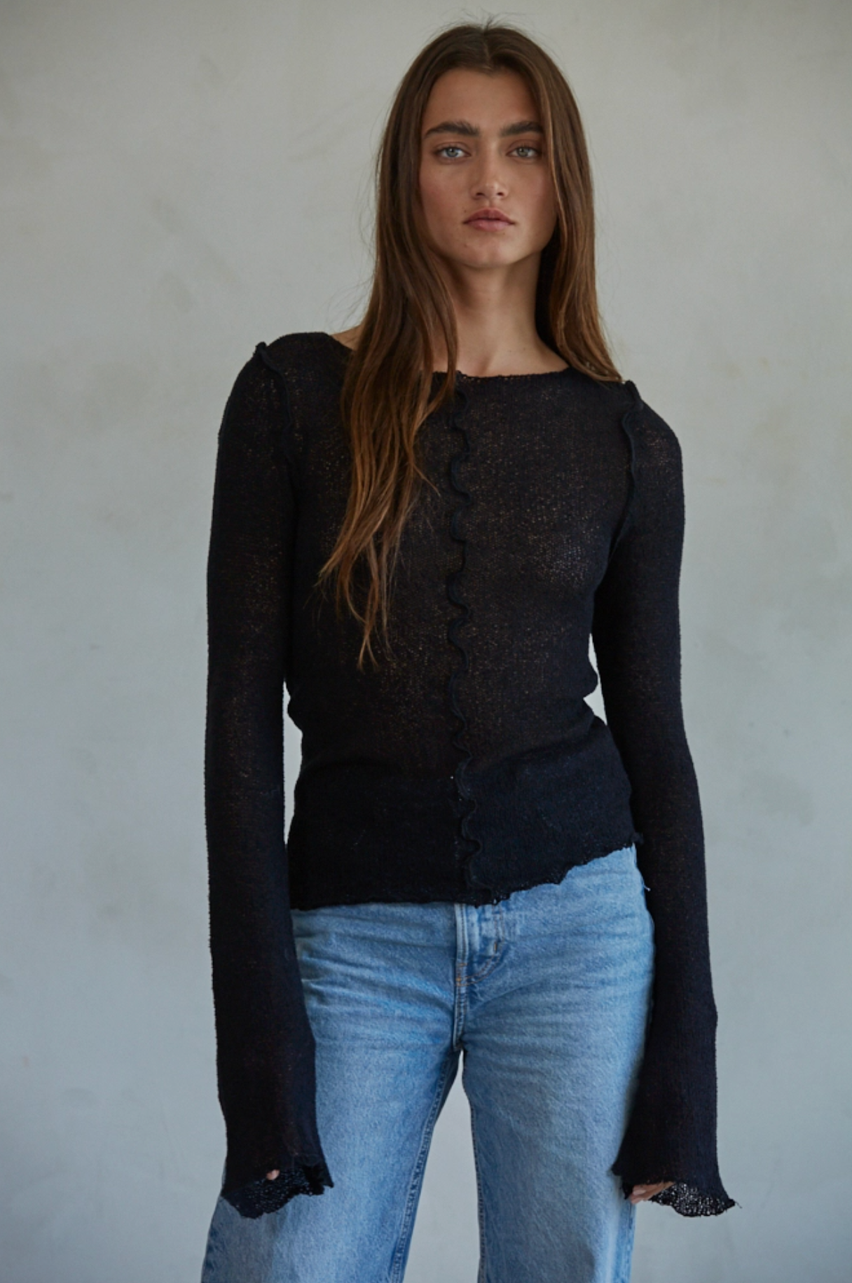 By Together Knit Long Sleeve See Through Asymmetrical Top