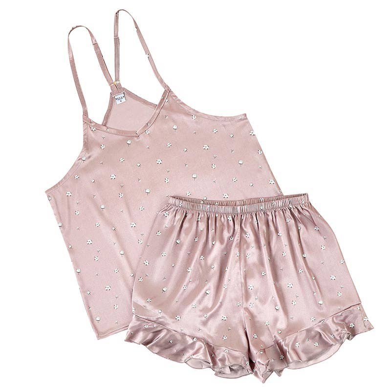 Bella Sleep + Spa Cami + Ruffled Short Satin Pajamas- Cotton Blossom