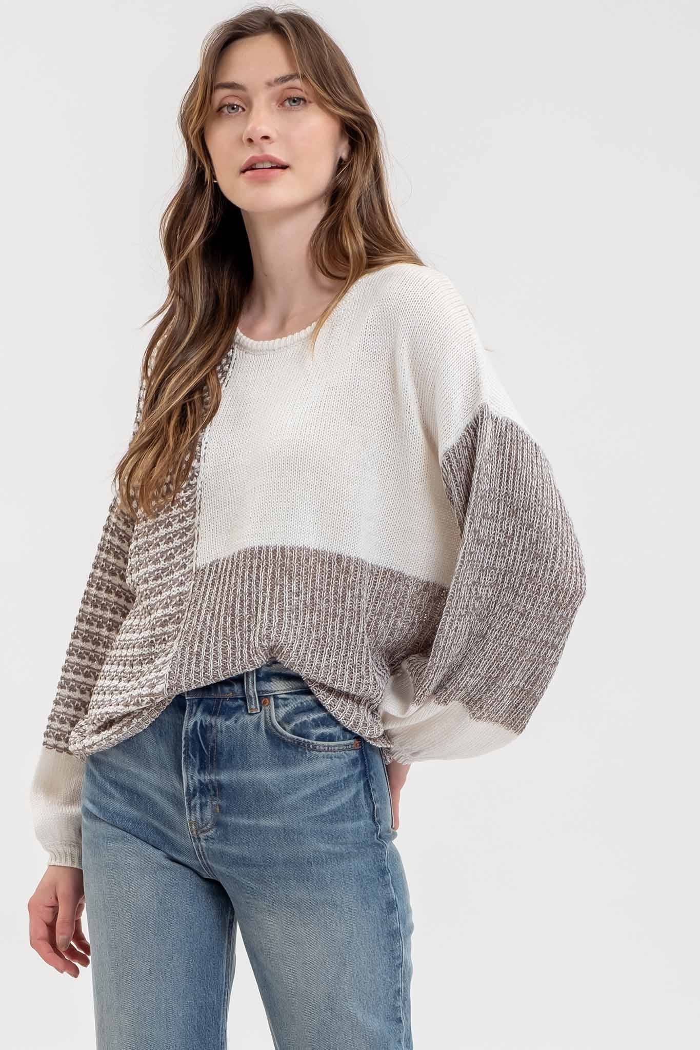 Blu Pepper Back Tie Colorblock Knit Sweater - Grey Multi